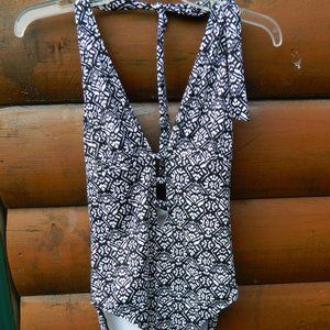Lauren Ralph Lauren Womens One Piece Bathing Suit Size 10 Black /White Tie Neck